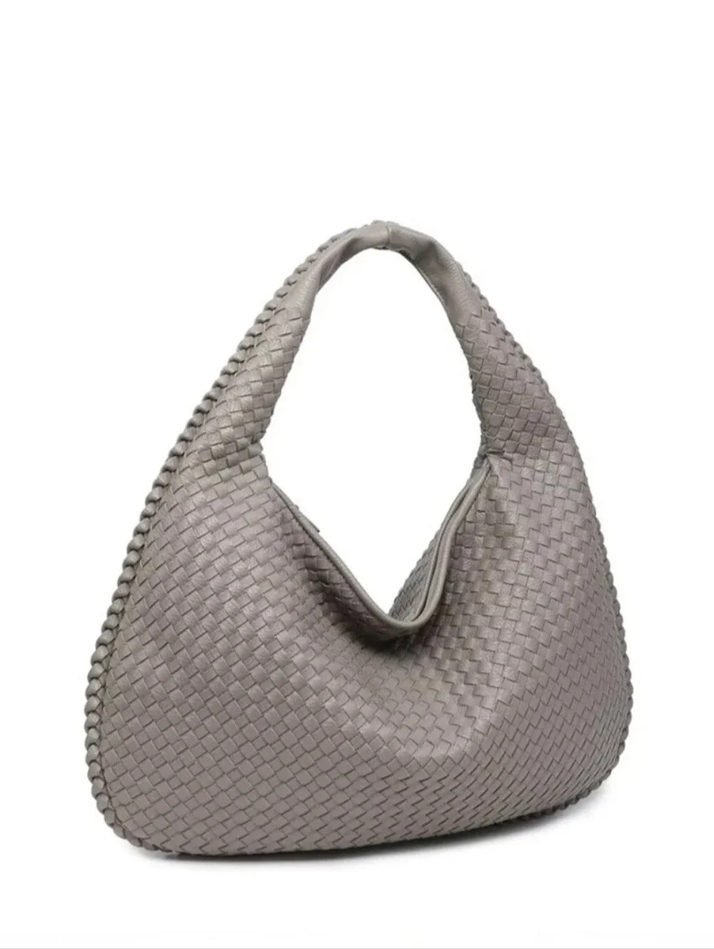 Woven Hobo Shoulder Bag in Gray Veggan Leather.